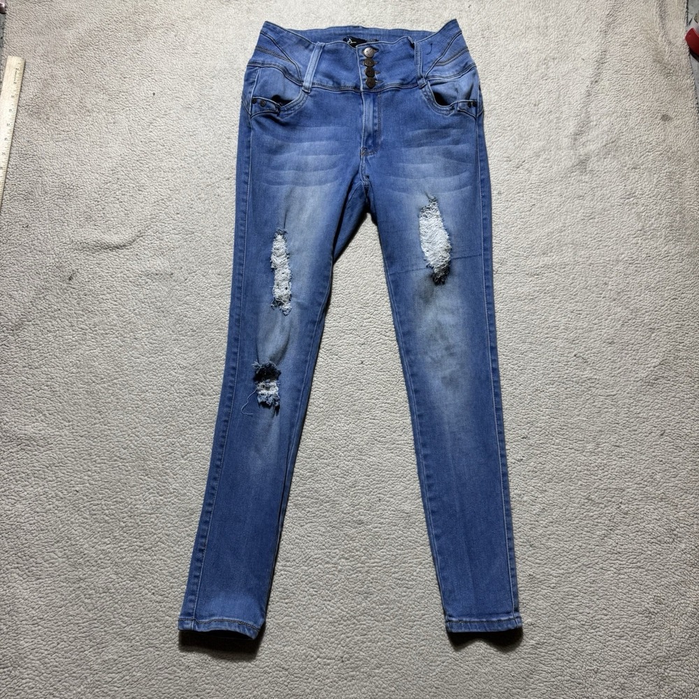 Always Friday Jeans Womens 13 Juniors Blue Denim Distressed High Rise Button Fly